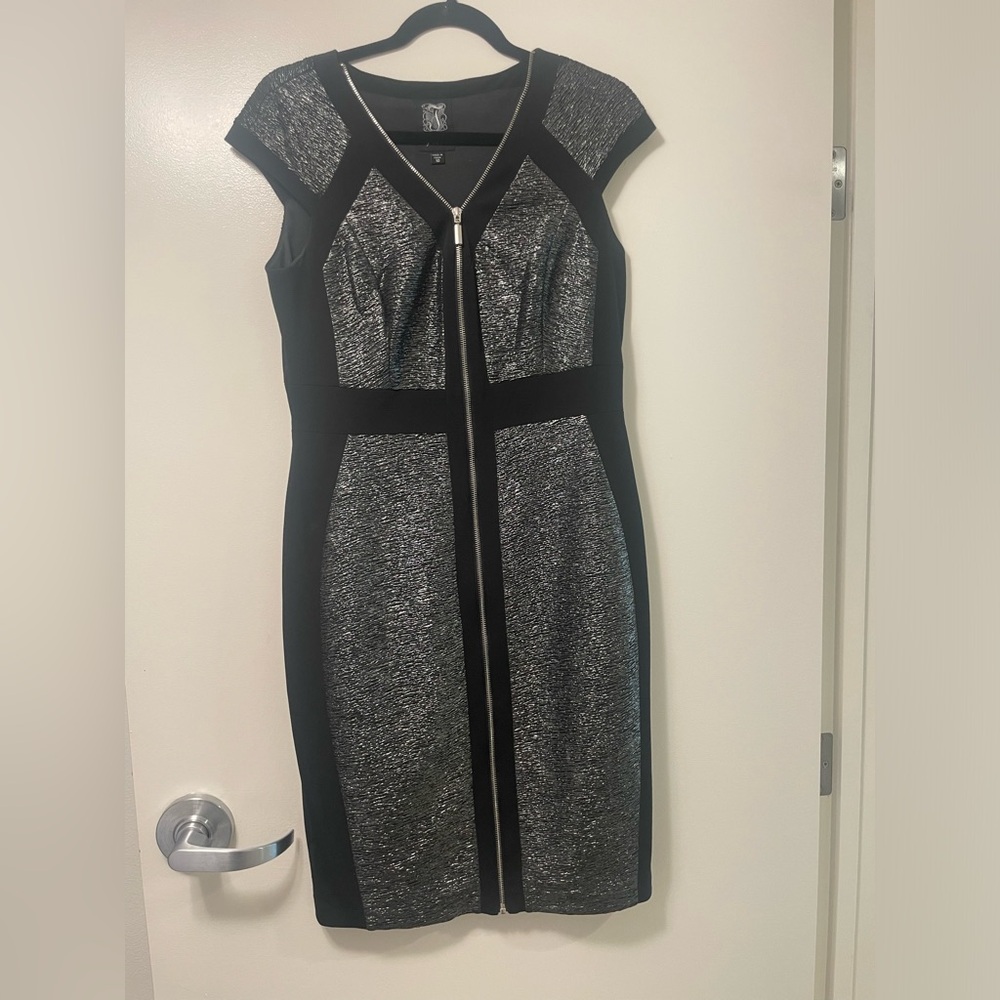 JAX. Size 10. Midi black and silver dress with zipper detail